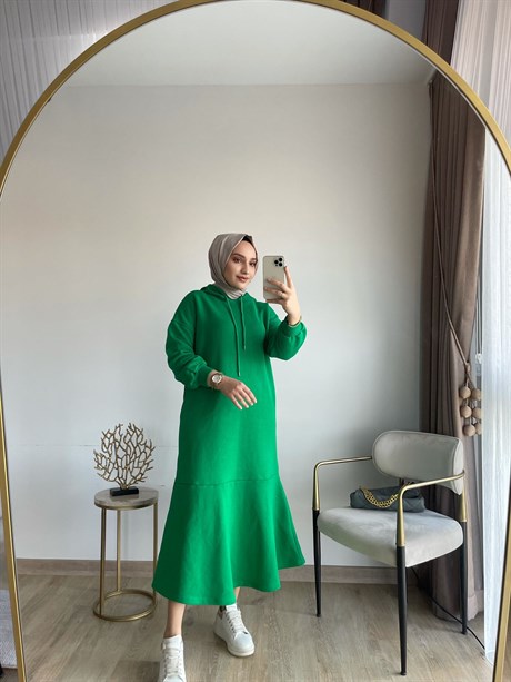 MEYSADESIGN ELBİSELER Volanlı Üç İplik Elbise Benetton Yeşili