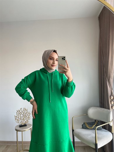 MEYSADESIGN ELBİSELER Volanlı Üç İplik Elbise Benetton Yeşili