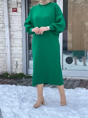 MEYSADESIGN TESETTÜR TRİKO Balon Kol Tesettür Triko Elbise Yeşil